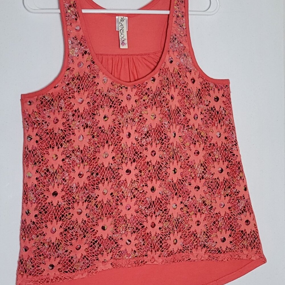 Ransom Coral Lace Overlay Tank Top, Size L